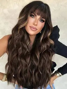 AISI QUEENS Brown Highlight Wig with Bangs, Womens Long Wavy Curly Hair