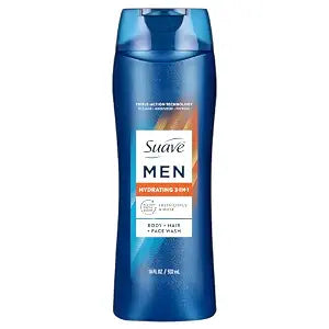 Suave Men Hydrating 3-in-1 Body + Hair + Face Wash with Glycerin & Vitamin E, Cleanse, Moisturize, Refresh, No Parabens or Pthalatates, Long-Lasting Fragrance, 18 FL OZ