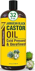 Seven Minerals, Pure Jamaican Black Castor Oil - Big 32 fl oz Bottle - Unrefined & Hexane Free - for Hair Growth, Thicker Eyelashes & Eyebrows, Dry Skin, Healing, Hair Care