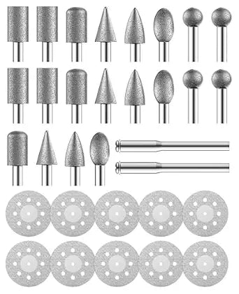 32Pcs Diamond Cutting Wheels and Grinding Bits Set for Dremel - 10Pcs Cutting Discs(22mm), 2Pcs 3mm Mandrel, 20Pcs Drill Bits W/ 1/8" Shank for Rotary Tool