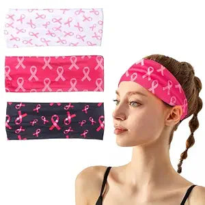 Breast Cancer Awareness Stretchy Headband for Women Girls Pink Ribbon Head Bandana Non-Slip Knotted Headbands Elastic Wide Cancer Survivor Sweatband Workout Sport Yoga Running Hair Accessories 3PCS