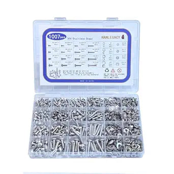 Machine Screw Assortment Kit 1007Pcs 304 Stainless Steel, #4-40#6-32#8-32#10-24 Phillips Pan Head Screws with Nuts, Flat & Spring Washers, Organized Storage Case for DIY Home Repair Automotive