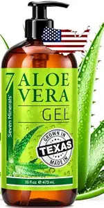 Seven Minerals Aloe Vera Gel with Freshly Cut Organic Aloe 98.7% - 16oz with Pump - Texas grown Pure, HighestQuality, Vegan, Unscented, Non-Sticky - For Face, Skin, Hair, After Sun Sunburn Relief