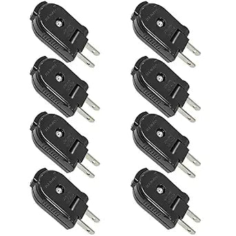 Extension Cord Replacement Male Power Plug, 2 Prong, 125V/10A, Non-Grounding, Ideal for Small Appliances Such as Power Strips & Lamps & DIY Projects, 8-Pack, Black