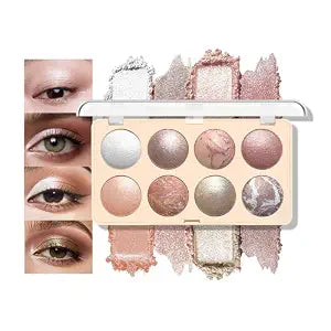 Baked Shimmer Makeup Palette, 8-Color Neutral Champagne Rose Gold Eyeshadow & Highlight Palette ï¿½ï¿½ï¿½ High Pigment Soft Glow, No Fallout, Long-Lasting Eye Makeup for Everyday & Glam Lo