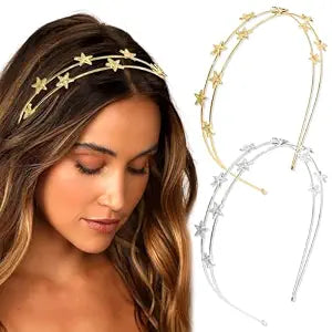 2 Pcs Star Headbands For Women Gold Headband Metal Hair Hoop Silver Bridal Hairbands Double Row Wedding Crown Headband Space Headpiece Flower Girls Tiara Valentine's Day Hair Accessories Gift