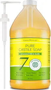Seven Minerals Pure Castile Soap - No Palm Oil, GMO-Free - Gentle Liquid Soap For Sensitive Skin & Baby Wash - All Natural Vegan Formula with Organic Carrier Oils (64 FL Oz, An Unscented)