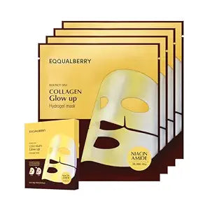 EQQUALBERRY Collagen Glow Up Mask - Niacinamide & Low Molecular Collagen for Brightening and Radiance Boosting | Korean Collagen Face Mask for Glass Skin, 4 Sheets, 1.01 OZ.