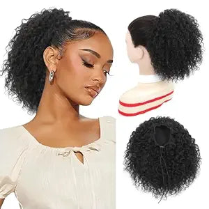 Urbeauty Drawstring Curly Ponytail Extensions Pink Mango Protein Silk Fiber Human Hair Soft Feeling Afro Kinky Curly Hair Puff Pony tails Lightweight, Soft Natural Budget for Daily Styles