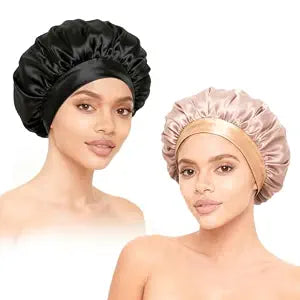 2Pcs Satin Hair Bonnets,Silk Bonnet for Sleeping, Soft Elastic Band Silk Sleep Cap, Hair Wrap for Women (Gold Black)