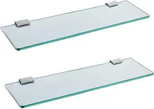 Glass Bathroom Shelf Wall Mounted 9.84 inches Tempered Glass Stainless Steel Tempered Transparent Glass with Chrome Bracket for Bathroom Bedroom Kitchen (2PC)
