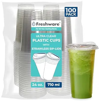Freshware 24 oz Clear Disposable Plastic Cups with Strawless Sip Lids, 100 Pack Clear Plastic Tumblers, Heavy-duty Party Glasses, Disposable Cups for Thanksgiving, Halloween, Christmas Party