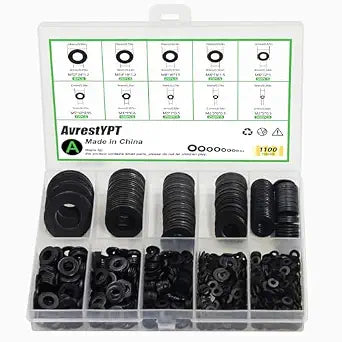 1100Pcs 9 Sizes M2-M12 Black Flat Washers for Screws & Bolts