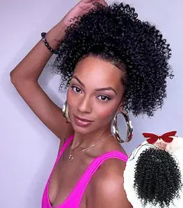 Afro Kinky Curly Drawstring Ponytail For Black Women,10 Inch Natural Curly Ponytail Extensions With Clips Synthetic Short Curly Hair Ponytail for Daily (1B)