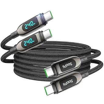 SOOPII 240W USB C Cable with LED Display, Nylon Braided,Black[10ft,2Pack]