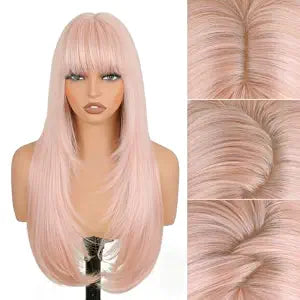 Light Pink Wig with Bangs for Women, 26 Inch Glueless 4x4 Scalp Wig