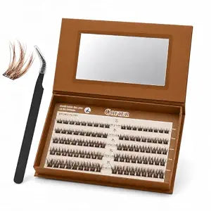 Pre Glued Wispy Lash Clusters Kit, 90 Pcs Individual Eyelash Clusters (Brown 8-16mm/C Curl) - Lash Extension Kit with Eyelashes Tweezers and Clips, Natural Fake Lashes No Glue Need, Beginners Friendly
