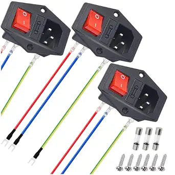 3Pcs AC 10A 250V Rocker Switch Power Socket Inlet Module Plug, 3 Pin IEC320 C14 Male Power Switch with 6Pcs Mounting Screws,9Pcs 18 AWG Extension Cord,3Pcs Fuse