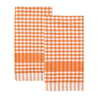 Talking Tables 2 x Orange Gingham Kitchen Tea Towels Table Linen Fabric Dish Cloths Large Checkered Cloth Napkins Absorbent Durable Soft Cotton Quick Drying, ECO Packaging 17 x 27 Inches