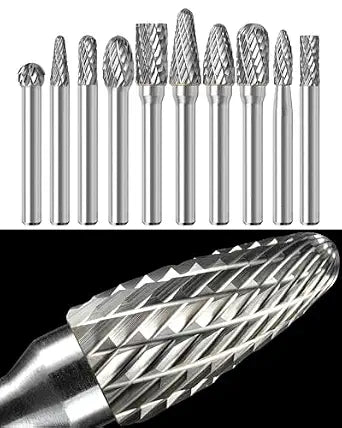 Sworker 10Pcs Carbide Burr Set 1/4 Shank w/Clear Box Max Head Dia 10mm Die Grinder Bits Rotary Tools Attachment Kit Rasp Accessories Metal Wood Stone Steel Grinding Deburring Cutting Porting Carving