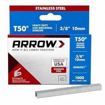Arrow Fastener 506SS1 Heavy Duty T50 Stainless Steel Staples for Upholstery, Construction, Furniture, Crafts, 3/8-Inch Leg 3/8-Inch Crown Size,Length, 1000 Count (Pack of 1)