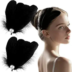 2Pcs Black Feather Hair Clips - Ballet Style Artificial Swan & Ostrich Feather with Faux Pearl - Wedding Engagement Birthday Party Stage Accessories for Women