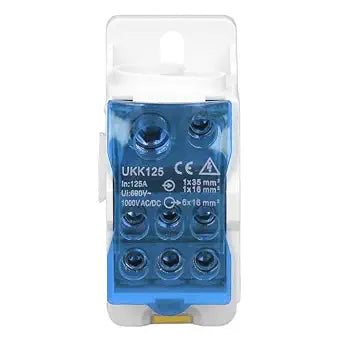 DIN Rail Distribution Box 690V 125A Universal Terminal Block with Fireproof PA66 Housing Brass Connectors for Power Distribution Cabinets(Blue)