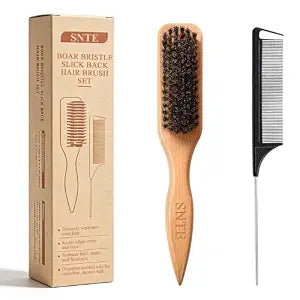 Peach Wood Boar Bristle Slick Back Hair Brush & Rat Tail Comb Set - Controls Frizz, Smooths Flyaways, Restores Shine - Creates Sleek Ponytails, Buns & Edge Control, Teasing for Women & Kids
