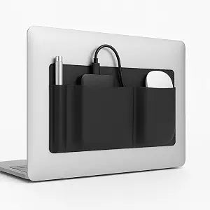 3-Pocket Adhesive Laptop Pouch Organizer - Stick-On Mouse & Hard Drive Holder for Laptop | Slim Reusable 3M Computer Pocket for SSD, Cables, Mouse, Chargers & Tech Accessories (10.7" x 5.5")