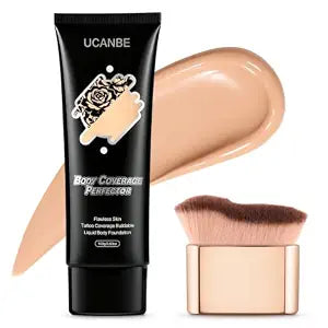 UCANBE Body Coverage Perfector, Waterproof Quick-Dry Full Coverage Tattoo Cover Up Concealer for Legs & Body, Sweatproof No Transfer, Covers Tattoos, Scars, Bruises, 3.63 Oz with Brush - Light Natural
