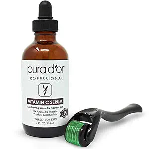 PURA D'OR 25% Vitamin C Serum & 0.25mm Derma Roller Set for Face Care, 4oz