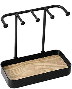esowemsn 1PC Black Desktop Jewelry Organizer Stand Plastic Earring Holder Keychain Bracelet Holder with Wooden Tray 5 Hooks Necklaces Hanging for Necklaces,Bracelets,Chains,Rings,Earrings,Keys