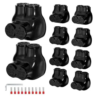 Joinfworld 2 Port Insulated Multi Tap Connector 2-14AWG Aluminum to Copper Wire Connectors Single Side Entry Aluminum Black Electrical Cable Connectors with Slotted Allen Hex - 10 Pack