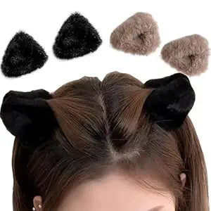 4pcs Cute Plush Cat Ear Hair Clips - Winter Fuzzy Cute Claw Clips Soft Non-Slip Small Bangs Claw Clips, Black Brown Cat Ear Broken Mini Hair Clips Accessories for Women Decoration