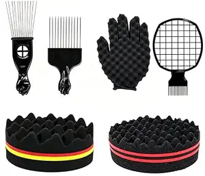 6PCS Afro Twist Hair Styling Kit for Men & Women, Curl Sponge Set with Metal Pick, Afro Comb, Glove & Grid Tool, Defining Tools for Natural Curly, Coily & Textured Hair