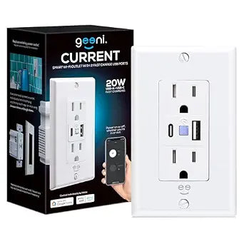 Geeni Current Smart Wi-Fi Outlet with 2 Fast Charge USB Ports, 20W USB-C