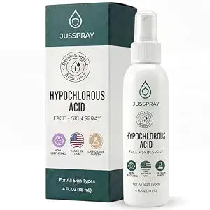 Jusspray™ Hypochlorous Acid Spray for Face and Skin | HOCI Facial Cleanser Mist | 4 oz Hypochlorous Acid for Face, Skin, Acne, Eczema, Body Acne Sprays, Piercing Aftercare, Wound Solution