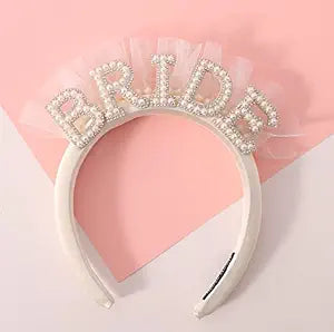 Pearl Veil Bride Headband, White Satin Hairband with 'BRIDE' Decorated by Pearl and Rhinestone, Bridal Hairband for Bachelorette Party Decorations, Women's Hair Accessory