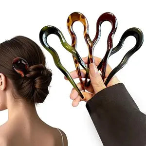 4Pcs French Large Hair Pins for Women - U Shaped Large Hairpins for Updos Bun - Hair Forks Accessories for Wedding Prom Fitness - Green | Black | Brown | Leopard Print Pin