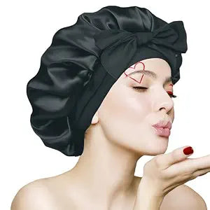 Silk Bonnet for Sleeping Women, Ajustable Hair Bonnet for Curly Hairs Satin Bonnet Reduce Friction Prevent Frizz Black，Large