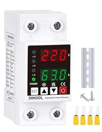 DIHOOL Smart Circuit Breaker with Adjustable Voltage Protection, 70-200V Low and 140-300V High Cutoff, 1-63A Overcurrent Protector, AC Disconnect Switch, DIN Rail Mount
