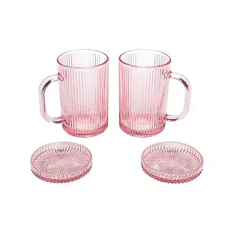 Paris Hilton Ribbed Glass Mug Set with Dual Use Lid/Coaster, Elegant Fluted Glassware, Perfect for Coffee, Tea or any beverage, Set of 2, 13.5-Ounce, Pink