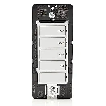 Leviton Countdown Switch for bathroom household lights, 5-10-15-30 min, Neutral Wire Required, 20A, 1HP/16A Fan/Motor, Single Pole, Multi-Way or Multi-Timer, DT230-1LW, White