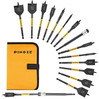 PINOZE 14-Piece Spade Drill Bit Sets with 6 Quick-Load Extension, Paddle Flat Bit for Hole Cutter Woodworking, 1/4" to 1-1/2", Self-Feeding Threaded Tip, 1/4 inch Hex Shank, Storage Pouch Included