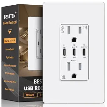 BESTTEN GaN 65W USB C Outlet, 3-Port USB Wall Outlet Receptacle for Laptop