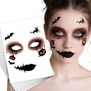 Halloween Face Tattoos Stickers Dark Witch Face Makeup Decal Day of the Dead Fake Eyeshadow Eyeliner Stickers with Pumpkins and Bats for Adults Party Masquerade Temporary Tattoos