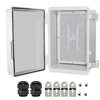Zulkit Junction Box,IP67 Waterproof Electrical Box Hinged Cover Stainless Steel Latch Plastic Enclosure for Project w Mounting Plate Wall Bracket and 2 Cable Gland Grey 11"x7.5"x5.5"/280x190x140mm