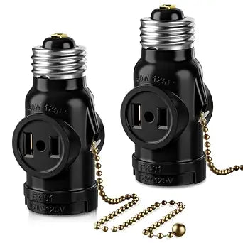 DiCUNO UL Listed E26 to 2 Outlet Adapter, Pull Chain Short, Black, 2-Pack