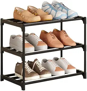 Metal Stackable Small Shoe Rack Organizer, Narrow Shoe Racks for Closets Entryway, Shoe Stand,Shoe Shelf with Handle (3-Tier-Black)