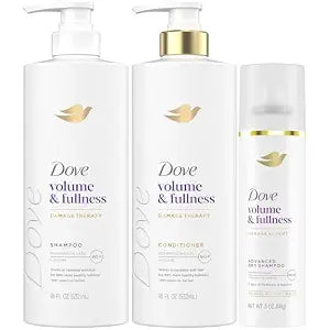 Dove Shampoo and Conditioner Set, Volume & Fullness + Advanced Dry Shampoo – Refresh & Revive Thin, Flat and Dry, Damaged Hair (3 Piece Set)